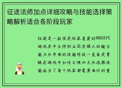 征途法师加点详细攻略与技能选择策略解析适合各阶段玩家