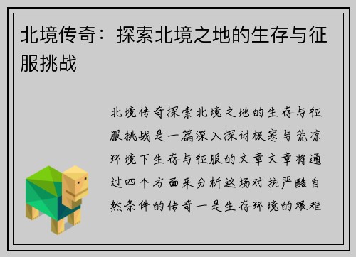 北境传奇：探索北境之地的生存与征服挑战