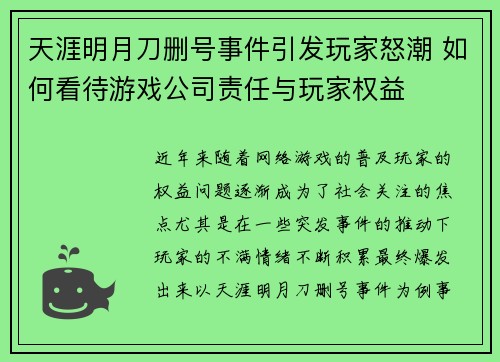 天涯明月刀删号事件引发玩家怒潮 如何看待游戏公司责任与玩家权益